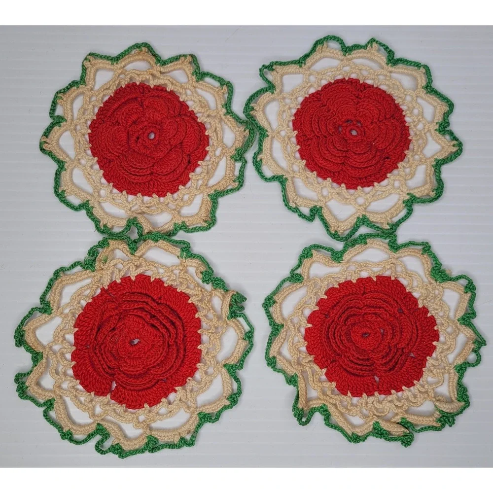 Collectible Handmade Crocheted Red, Green & Beige Rose Floral‎ 4